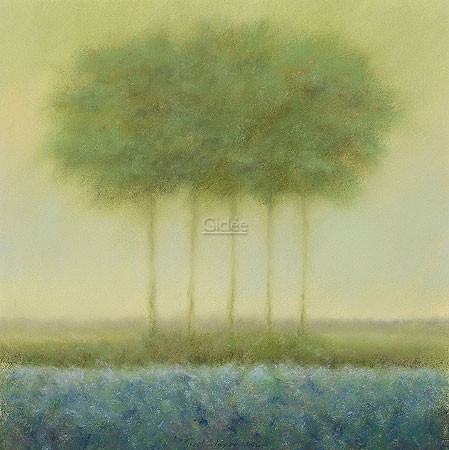 Hans Dolieslager, Blue landscape with 5 trees (Malerei, Landschaften, Natur, Bäume, Felder, blaue Blüten,  Dunst, diffus, Wohnzimmer, Treppenhaus, grün, blau)