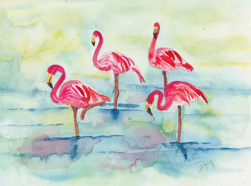 Beverly Dyer, Sunset Flamingoes II (Flamingos, rosa Flamingos, Sonnenuntergang, zeitgenössisch, Aquarell, Wohnzimmer, Treppenhaus, Malerei, Wunschgröße, bunt)