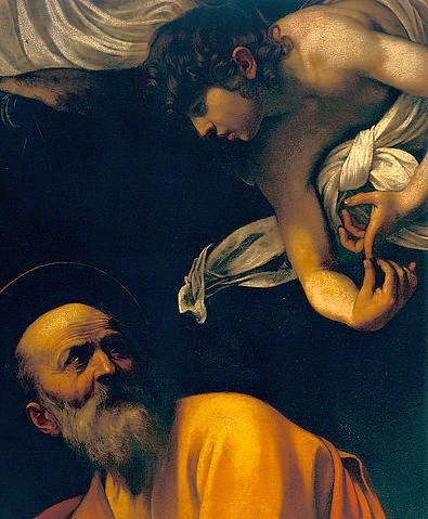 Michelangelo Merisi da Caravaggio, Der Heilige Matthäus mit Engel. Detail. 1600/01. (Caravaggio,Michelangelo Merisi da,1571-1610,Rom,San Luigi dei Francesi,Öl auf Leinwand,Contarelli-Kapelle,Caravaggio, Michelangelo Merisi da,italienisch,barock,engel,christliche kunst,christentum,evangelist,neues testament,bibel,religion)