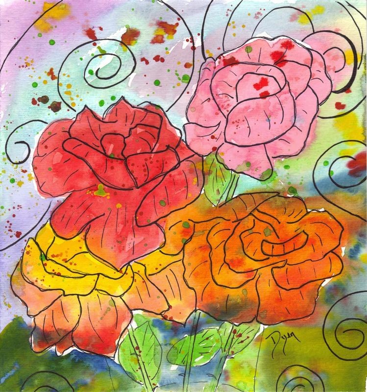 Beverly Dyer, May Roses I (Blüten, Blumen, Rosen, verspielt, Grafik, Wohnzimmer, Treppenhaus, Malerei, Wunschgröße, bunt)