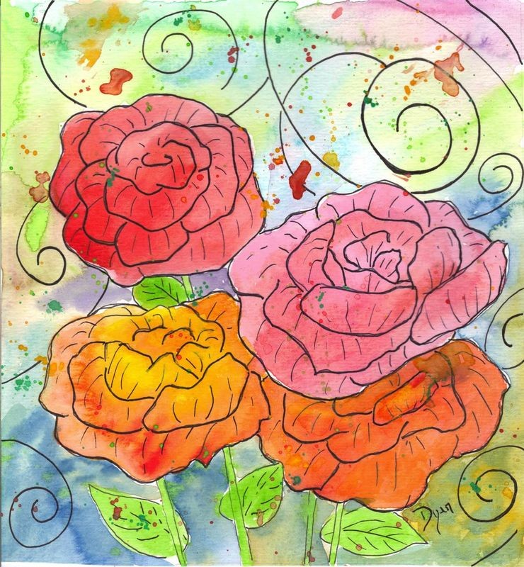 Beverly Dyer, May Roses II (Blüten, Blumen, Rosen, verspielt, Grafik, Wohnzimmer, Treppenhaus, Malerei, Wunschgröße, bunt)