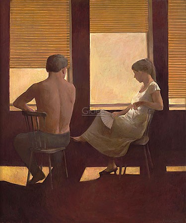 Rudolf Hagenaar, Noonday sun (Malerei, Modern, Paar, Mann, Frau, mittagssonne, Schatten, Urlaub, relaxen, Vorhang, wohnzimmer, Treppenhaus, gelb, weiß)