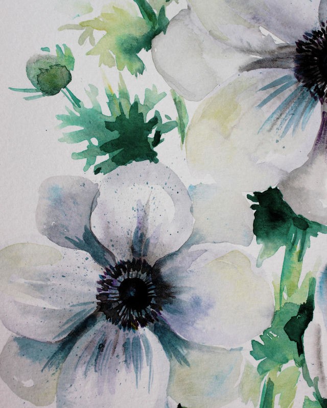 Boho Hue Studio, Ghost Blooms 2 (Blumen, Blüten, Botanik, Blütenblätter Treppenhaus, Schlafzimmer, Wohnzimmer, Wunschgröße, Malerei, weiß/grün)