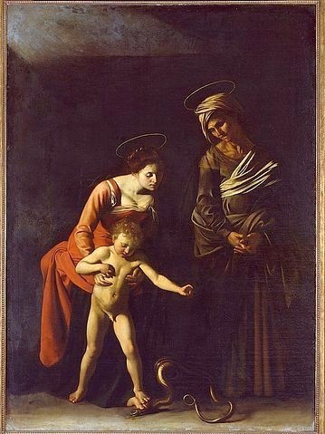 Michelangelo Merisi da Caravaggio, Maria mit dem Jesuskind und der Heiligen Anna (Dei Palafrenieri). 1606. (Rom,Galleria Borghese,Caravaggio,Michelangelo Merisi da,1571-1610,Öl auf Leinwand,Caravaggio, Michelangelo Merisi da,italienisch,barock,schlange,anna selbdritt,jungfrau maria,jesus,heilige,neues testament,christliche kunst,christentum,kind,bibel,sankt ann)
