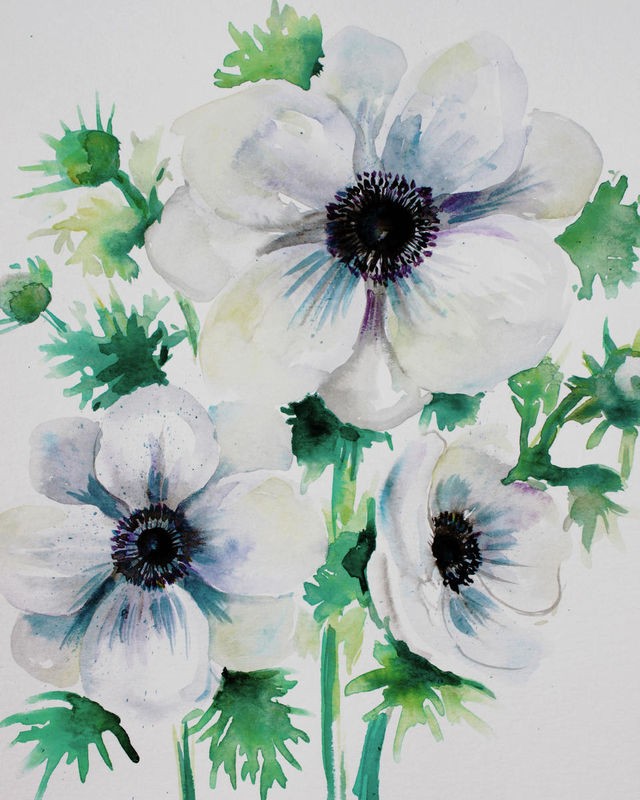 Boho Hue Studio, Ghost Blooms 3 (Blumen, Blüten, Botanik, Blütenblätter Treppenhaus, Schlafzimmer, Wohnzimmer, Wunschgröße, Malerei, weiß/grün)