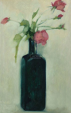 Pieter Knorr, Red roses (Malerei, Stillleben, Flasche, Blume, Rose, Schlafzimmer, Treppenhaus, bunt)