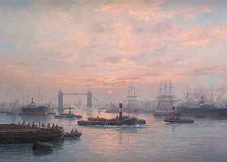 Peter J. Sterkenburg, Activity on the Thames (Malerei, London, Themse, Fluss, Towerbridge, Sonnenuntergang, Dunst, Boote, Bootsverkehr, Nostalgie, Horizont, Wohnzimmer, Büro, bunt)