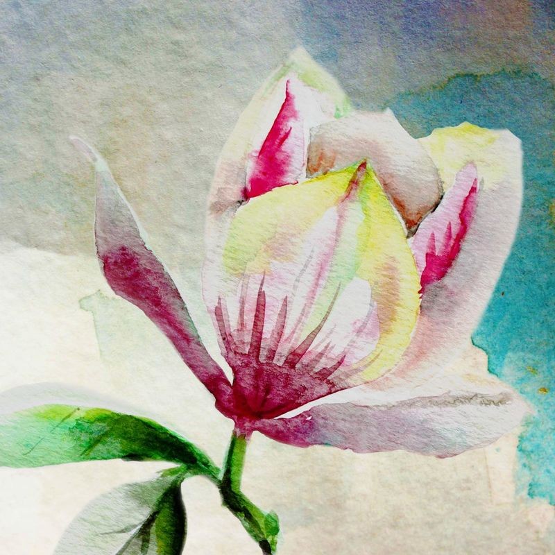 Boho Hue Studio, Rising Magnolia (Blumen, Blüten, Magnolie, Botanik, Blütenblätter Treppenhaus, Schlafzimmer, Wohnzimmer, Wunschgröße, Malerei, bunt)