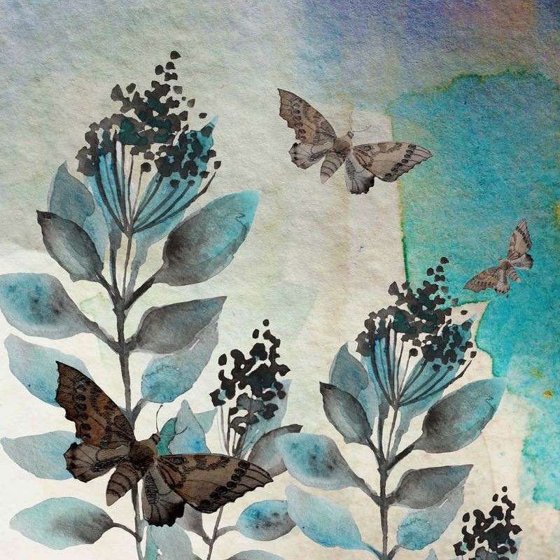 Boho Hue Studio, Butteryfly Perspective 1 (Blumen, Blüten, Dolden, Stängel, Schmetterlinge, Botanik, Treppenhaus, Schlafzimmer, Wohnzimmer, Wunschgröße, Malerei, Aquarell, blau/weiß/grau)