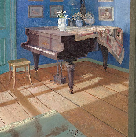 Matthijs Röling, Interior with piano (Innenraum, Zimmer, Musikzimmer, Interieur, Klavier, Sonnenlicht, Wohnzimmer, Malerei, bunt)