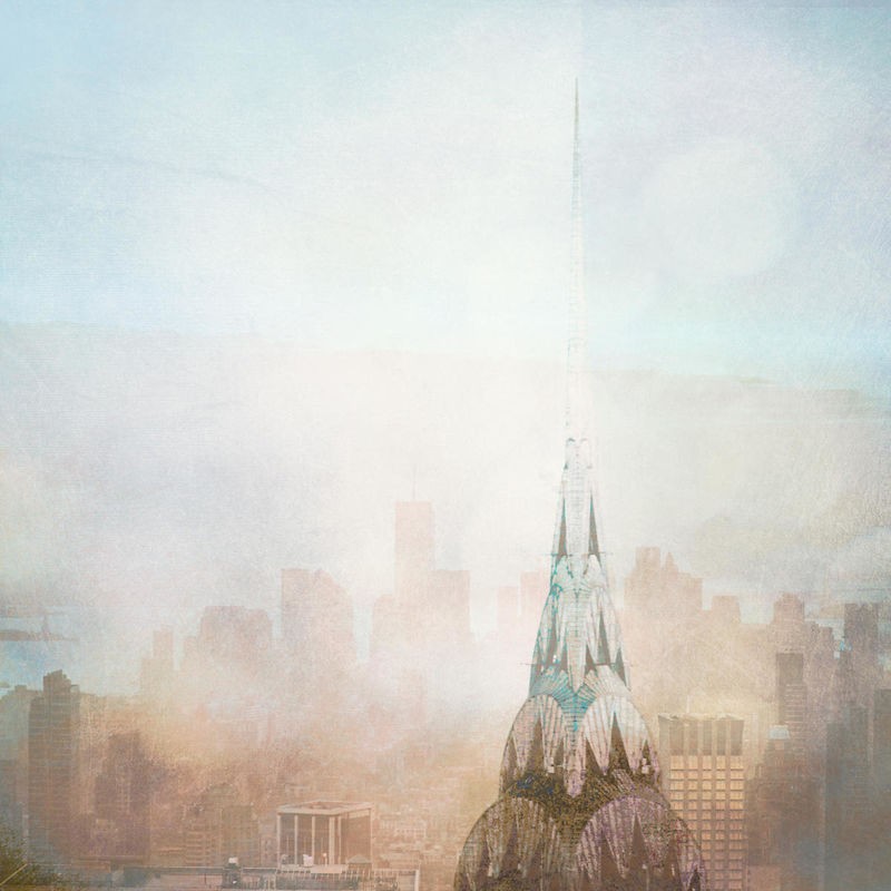 Ashley Davis, Chrysler (Chrysler Building, Gebäude, Architektur, New York, Dunst, Wohnzimmer, Treppenhaus, Büro, modern, Fotokunst, Wunschgröße, bunt)