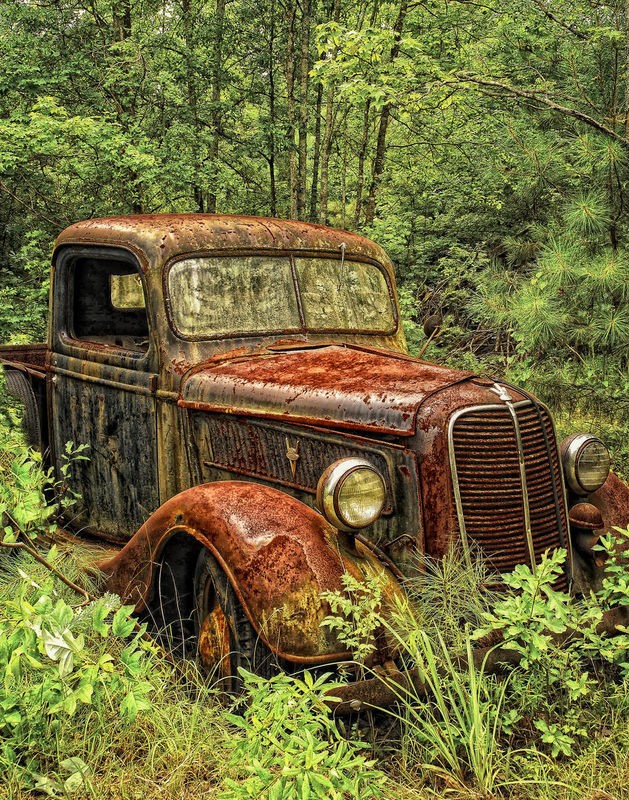 Danny Head, Old Auto (Natur, Wald, Auto, Pickup, Rostlaube, Schrottauto, Verfall, verrottet, rostig, Nostalgie, Melancholie, Wohnzimmer, Treppenhaus, Fotokunst, Wunschgröße, bunt)