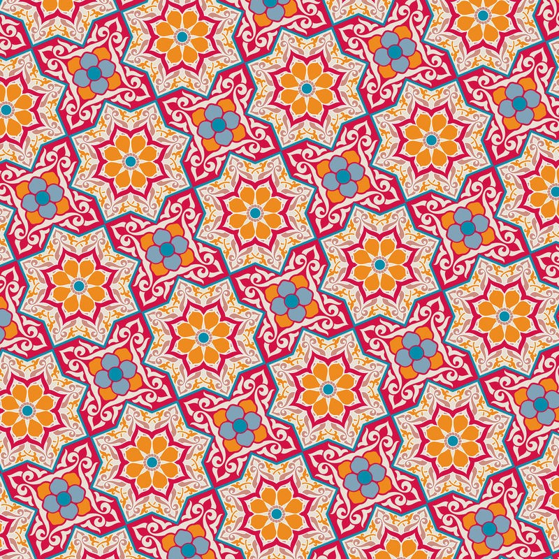 Hans Figuroa, Blossom Red (Muster, Retro, Vintage, Tapete, Pop, Kaleidoskop, Treppenhaus, Küche, Wohnzimmer, Grafik, Wunschgröße, bunt)