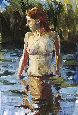 Ben Snijders, Sanne in the lake (Malerei, Aktmalerei, nackte Frau, Erotik, Susanne im See, Schilf, impressionistisch,, Schlafzimmer, bunt)