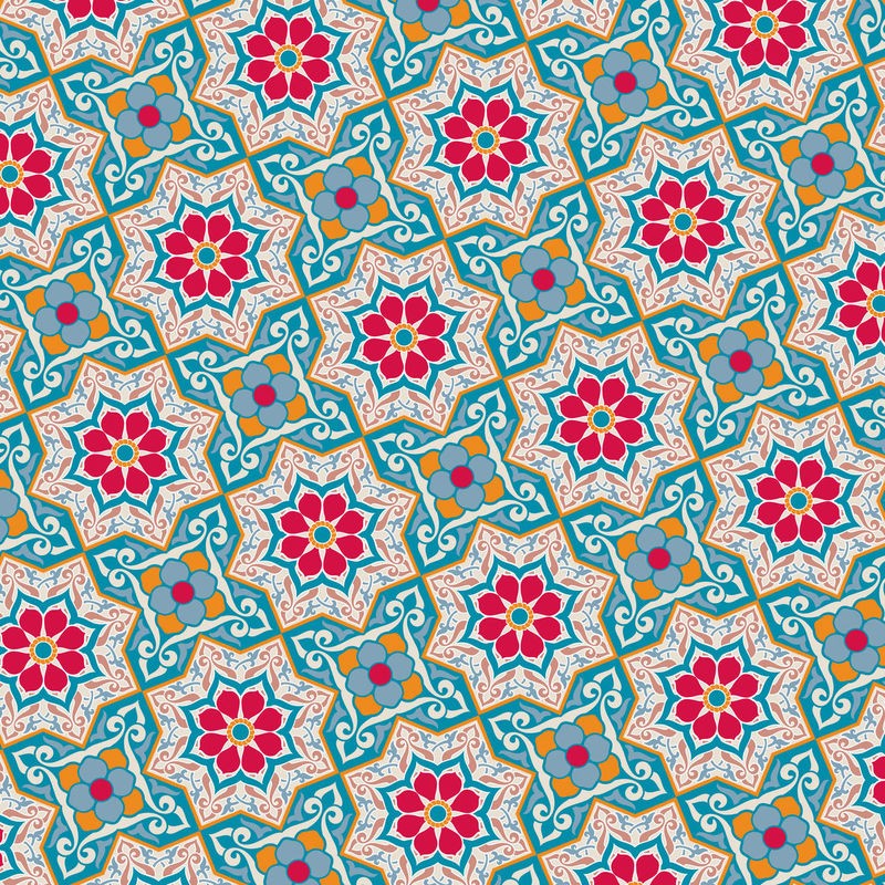 Hans Figuroa, Blossom Blue (Muster, Retro, Vintage, Tapete, Pop, Kaleidoskop, Treppenhaus, Küche, Wohnzimmer, Grafik, Wunschgröße, bunt)