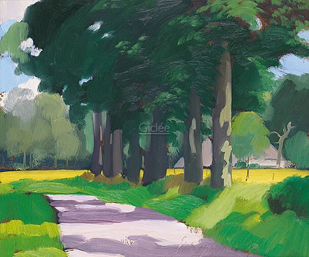 Jentsje Popma, Country estate 'de Eese' (Malerei, Landschaft, Bäume, Straße, Licht/Schatten, Sommer, Einsamkeit, Niederlande,  zeitgenössische Malerei, Wohnzimmer, Arztpraxis, bunt)