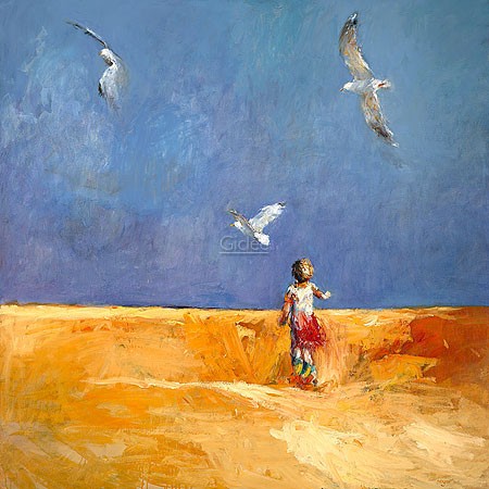 Dinie Boogaart, Freedom (Malerei, Landschaft, Niederlande, Meerebrise, Düne, Sanddüne, Kind, Möwen, Freiheit, Sommer, Sommerlicht, impressionistisch, Wohnzimmer, Arztpraxis, bunt)