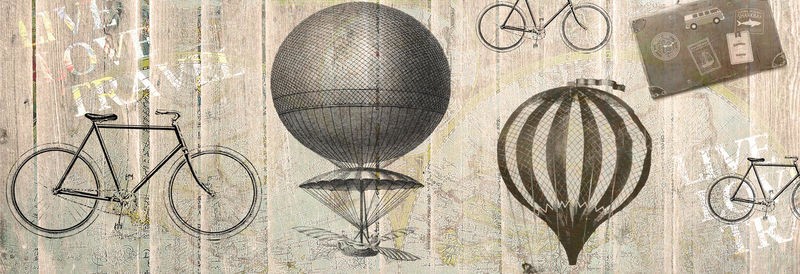 Kimberly Allen, Live Love Travel 1 (Reisen, Fortbewegung, Ballon, Fahrrad, historisch, Nostalgie, Grafik, Panel, Wohnzimmer, Treppenhaus, Schlafzimmer,  Wunschgröße, beige/grau)