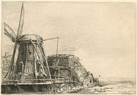 Rijn van Rembrandt, The mill (Klassische Kunst, Landschaft, Windmühle, Niederlande, Radierung, Grafik, Barock, Wohnzimmer, Schlafzimmer, schwarz / weiß)