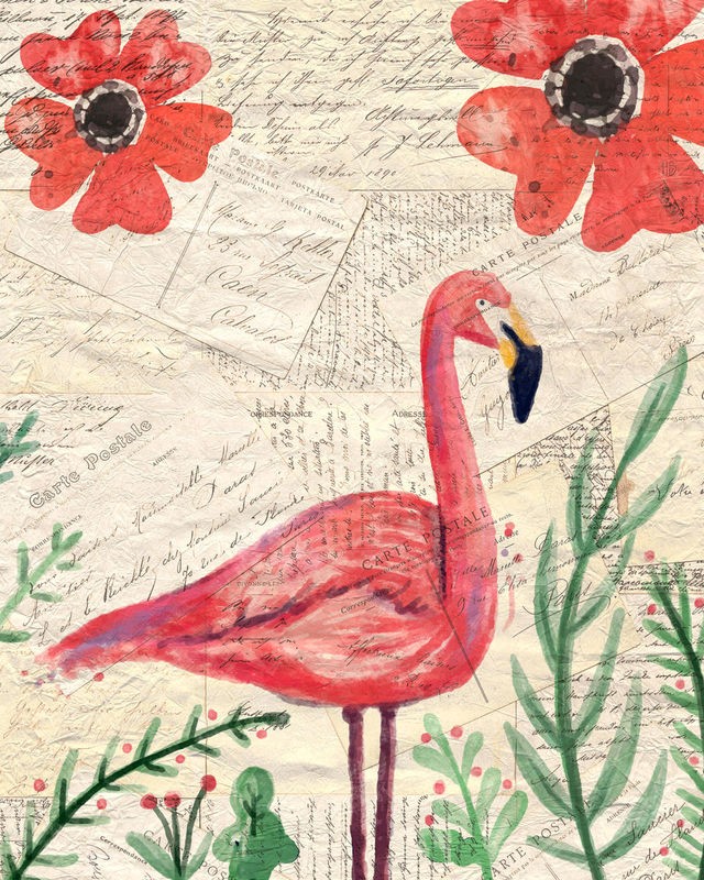 Kimberly Allen, Postcard Flamingo 1 (Flamingo, Postkarte, Blüten, Blumen, Frankreich, Grafik, Wohnzimmer, Treppenhaus, Wunschgröße, bunt)