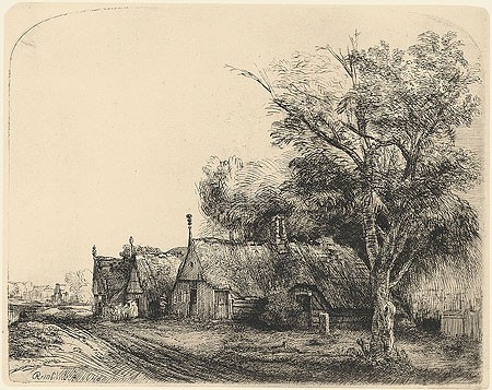 Rijn van Rembrandt, 3 farmhouses along the road (Klassische Kunst, Landschaft, Dorf, Dorfstraße, Bauernhof, Niederlande, Radierung, Grafik, Barock, Wohnzimmer, Schlafzimmer, schwarz / weiß)
