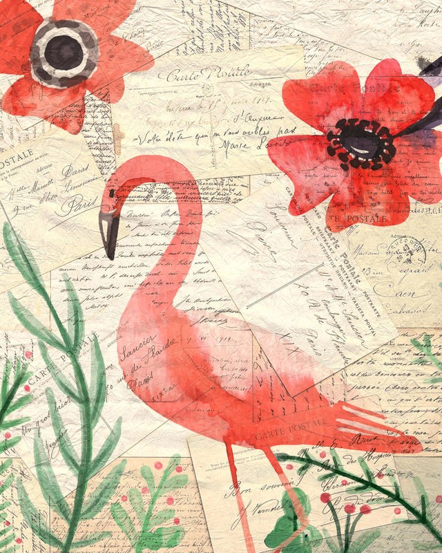 Kimberly Allen, Postcard Flamingo 2 (Flamingo, Postkarte, Blüten, Blumen, Frankreich, Grafik, Wohnzimmer, Treppenhaus, Wunschgröße, bunt)