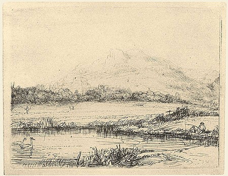 Rijn van Rembrandt , Fisherman in mountain landscape (Klassische Kunst, Landschaft, Hügel, See, Teich, Angler, Niederlande, Radierung, Grafik, Barock, Wohnzimmer, Schlafzimmer, Treppenhaus, schwarz / weiß)