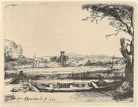 Rijn van Rembrandt, Little boat (Klassische Kunst, Landschaft, Horizont, See, Teich, kleines Boot, Niederlande, Radierung, Grafik, Barock, Wohnzimmer, Schlafzimmer, Treppenhaus, schwarz / weiß)
