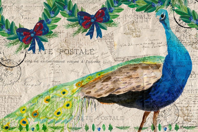 Kimberly Allen, Christmas Postcard Peacock (Tiere, Pfau, Pfauenfedern,   Vogel, Blüten, Blätter, Nostalgie, Postkarte, Grafik, Wohnzimmer, Treppenhaus, Schlafzimmer,  Wunschgröße, bunt)