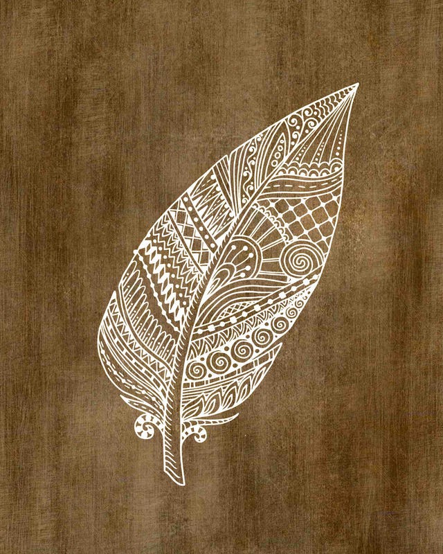 Kimberly Allen, Ethnic Feather 1 (Feder, Vogelfeder, ethnische Muster, filigran, Grafik,  Treppenhaus,  Wohnzimmer, Schlafzimmer, Wunschgröße, braun/beige)
