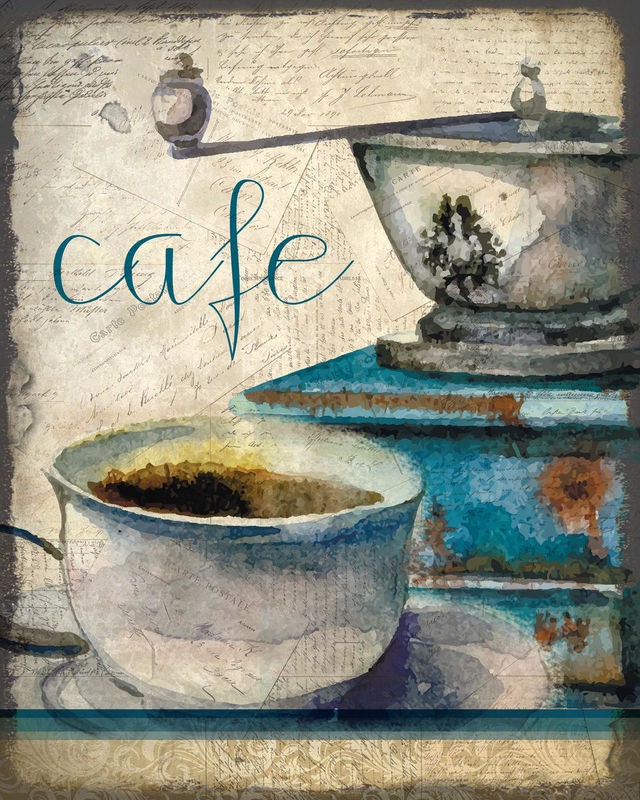 Kimberly Allen, Cafe Latte 1 (Kaffee, Tasse, Kaffeemühle, Nostalgie, Retro, Grafik, Wohnzimmer, Küche, Esszimmer, Café, Gastronomie, Bistro, Wunschgröße, bunt)