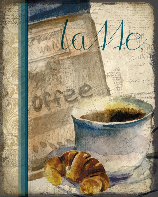 Kimberly Allen, Cafe Latte 2 (Kaffee, Tasse, Croissant, Nostalgie, Retro, Grafik, Wohnzimmer, Küche, Esszimmer, Café, Gastronomie, Bistro, Wunschgröße, bunt)