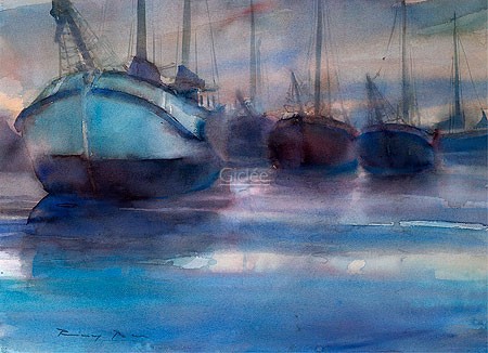 Riny Bus, Ships in the harbour (Malerei, Aquarell, Meeresbrise, Meer, Hafen, Boote, Segelboote, Abendlicht, Schlafzimmer, Wohnzimmer, blau / bunt)