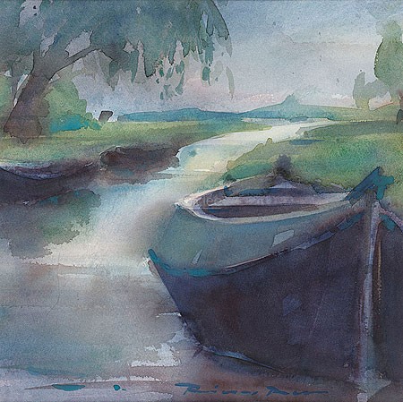 Riny Bus, Punt (Malerei, Aquarell, Fluss, Stechkann, Flussboot,  Fluss, Abendlicht, Schlafzimmer, Wohnzimmer, blau / bunt)