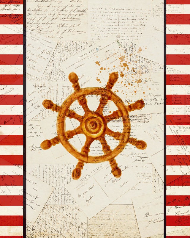 Kimberly Allen, Postcards from the Sea 4 (Steuerrad, Meeresbrise, Kaligrafie, Postkarte, maritim, Nostalgie, Grafik, Treppenhaus, Badezimmer, Wohnzimmer, Wunschgröße, gold, weiß, rot)