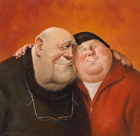 Marius van Dokkum, Hug (Malerei, Karikatur, altes Ehepaar, Umarmung, Liebe, Nähe, Zuneigung, komisch, Treppenhaus, Wohnzimmer, Schlafzimmer, bunt)