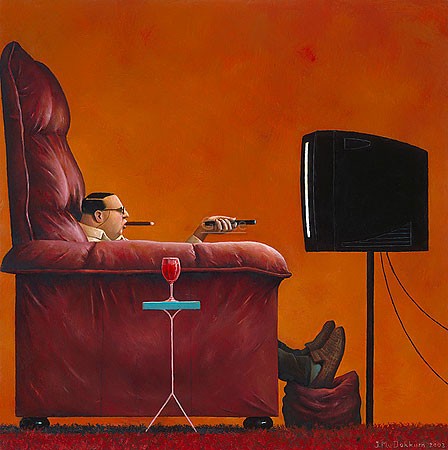 Marius van Dokkum, Home sweet home (Malerei, Karikatur, Sessel, roter Sessel, Feierabend, Fernsehen, Glotzer, Fernbedienung, zappen,  komisch, Wohnzimmer, bunt)