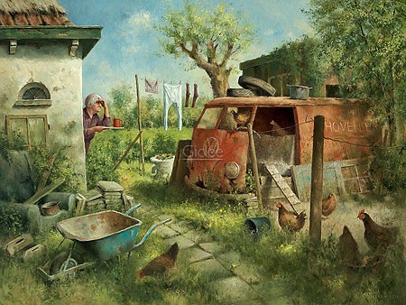 Marius van Dokkum, Henhouse (Malerei, Karikatur, alter Bauernhof, alte Frau, Hühnerhof, Hühnerhaus, Autowrack, Garten, Bulli, Hühner, Sonne, Sommertag,  Schubkarre, komisch, Treppenhaus, Wohnzimmer, bunt)