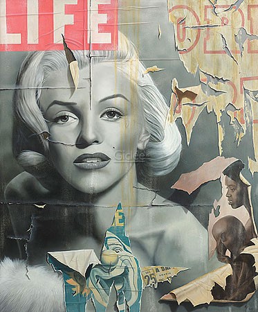 Ger Eikendal, Life (Collage,  Malerei, Plakatkunst, Filmplakate,  Vintage,  trompe l'oeil, Papierfetzen, Marylin Monroe, Portrait, Hyper-Realismus, Wohnzimmer, bunt)