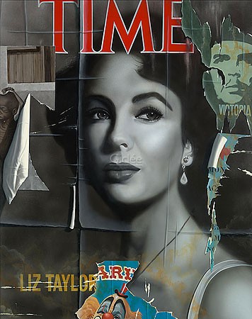 Ger Eikendal, Time (Collage,  Malerei, Plakatkunst, Filmplakate,  Vintage,  trompe l'oeil, Papierfetzen, Liz Taylor, Che Guevarra, Portrait, Hyper-Realismus, Wohnzimmer, bunt)