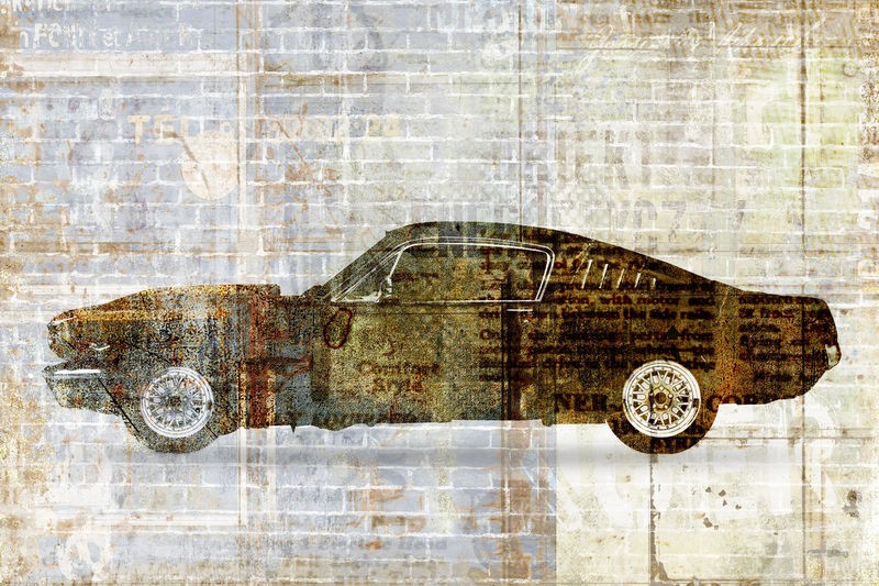 Kimberly Allen, Mustang (Auto, Fahrzeug, Oldtimer, Mustang, Mauer, Ziegel,  Nostalgie, Grafik, Treppenhaus, Badezimmer, Wohnzimmer, Wunschgröße, beige/braun)