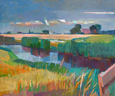 Hélène Grégoire, View with ditch (Malerei, moderne Malerei, Niederlande,  Landschaft, Wassergraben, Felder, Farbfelder, Schilf, Sonnenlicht, dekorativ, Wohnzimmer, Treppenhaus, Arztpraxis, bunt)