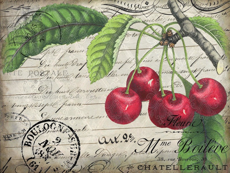 Kimberly Allen, Vintage Cherries (Kirschen, Postkarte, Vintage, Nostalgie,  Kalligrafie, Wohnzimmer, Treppenhaus, Küche, Esszimmer,  Wunschgröße, bunt)