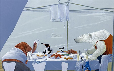 Jasper Oostland, White (Malerei, Festmahl, Tiere, Eisbär, Seelöwe, Hase, Pinguin, seafood, Tischgespräch, Arktis, Antarktis, lustig, komisch, Esszimmer, bunt)