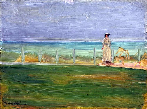 Max Liebermann, Dame am Strand. 1901 (Impressionismus,20. Jahrhundert,19. Jahrhundert,Öl/Karton,Christie's Images Ltd,1847-1935,Liebermann,Max,Max Liebermann,Scheveningen,Frau,Dame,Küste,Rasen,Zaun,Strand,Blick auf das Meer,Holland,Badeort,Ferienort)