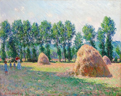 Claude Monet, Heuschober in Giverny (Les Meules à Giverny). 1885 (Impressionismus,19. Jahrhundert,Öl auf Leinwand,Christie's Images Ltd,1840-1926,Monet,Claude,Claude Monet,Sommer,Giverny,auf dem Land,ländlich,Hauschober,Heuhocken,Feld,Heu,Erntezeit,Bäume,Schatten,Kinder,Idylle,idyllisch,Landschaft,Licht)