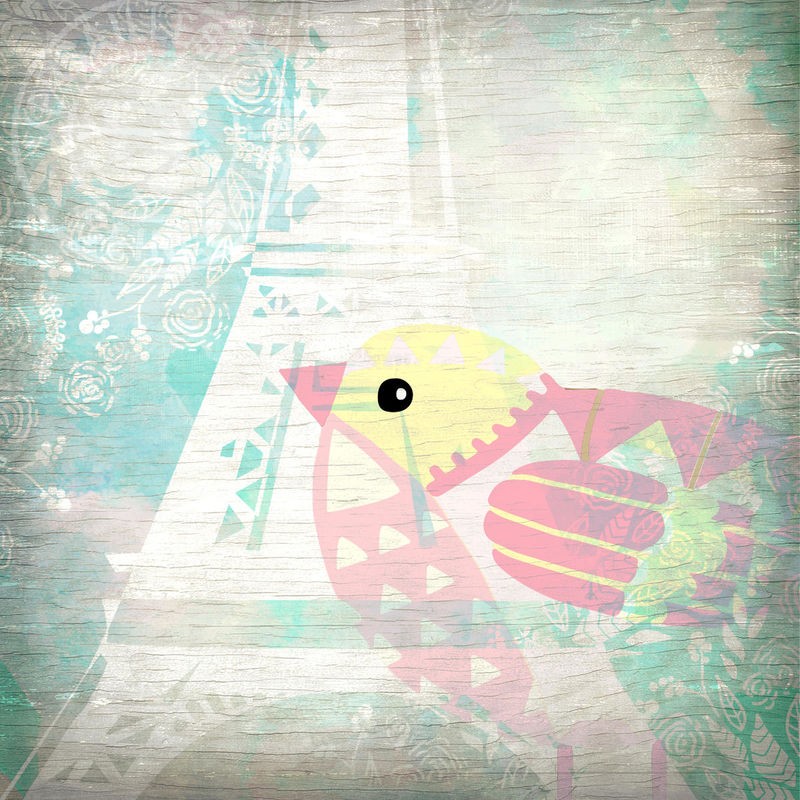 Kimberly Allen, Paris Bird 2 (Piepmatz, Vogel, niedlich, naiv, Eiffelturm, Paris, plakativ, Kinderzimmer, Treppenhaus, Wunschgröße, Malerei, bunt)