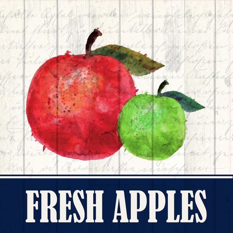 Kimberly Allen, Fresh Apples (Frische Äpfel, Früchte, Obst, Holzpanele, Küche, Esszimmer, Treppenhaus, Wunschgröße, Malerei, bunt)