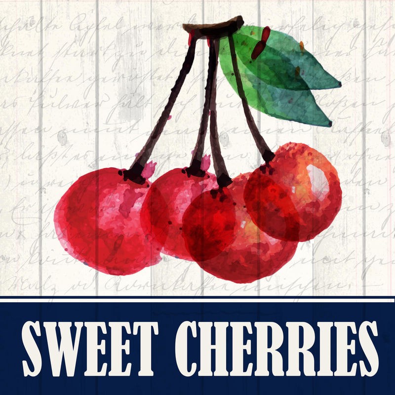 Kimberly Allen, Sweet Cherries (Frische Kirschen, süß, fruchtig, Früchte, Obst, Holzpanele, Küche, Esszimmer, Treppenhaus, Wunschgröße, Malerei, bunt)
