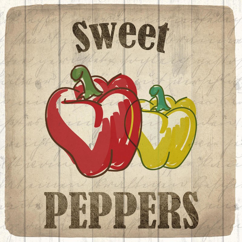 Kimberly Allen, Sweet Peppers (Frische Paprika, Gemüse, Holzpanele, Vintage, Retro, Küche, Esszimmer, Treppenhaus, Wunschgröße, Malerei, bunt)